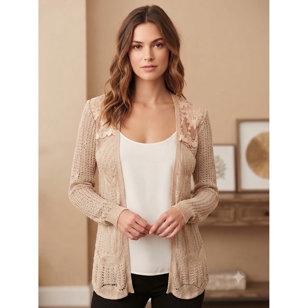 American Rag Women Tan Pointelle Lace Trim Open Front Cardigan Sweater M Y2K